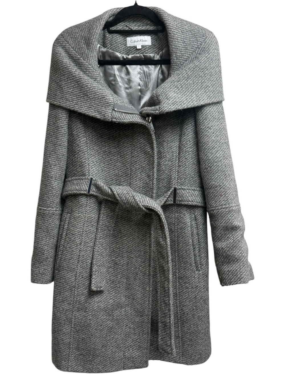 Calvin Klein Gray Belted Wrap Coat Shawl Collar Zip Wool Blend Womens L